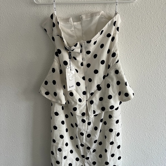 White and Black Polka Dot Bardot Dress - Picture 2 of 5